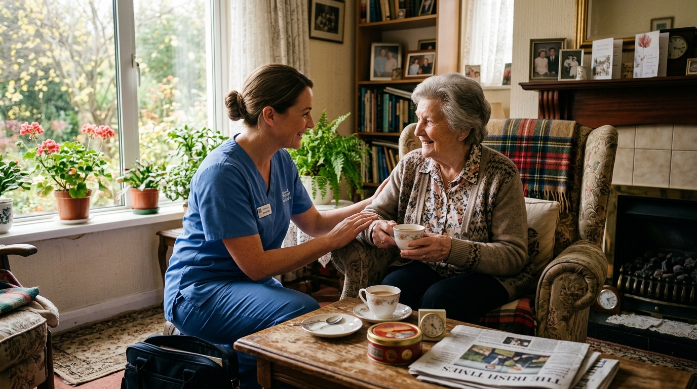 Home caregiver supporting an older adult in a comfortable Irish home