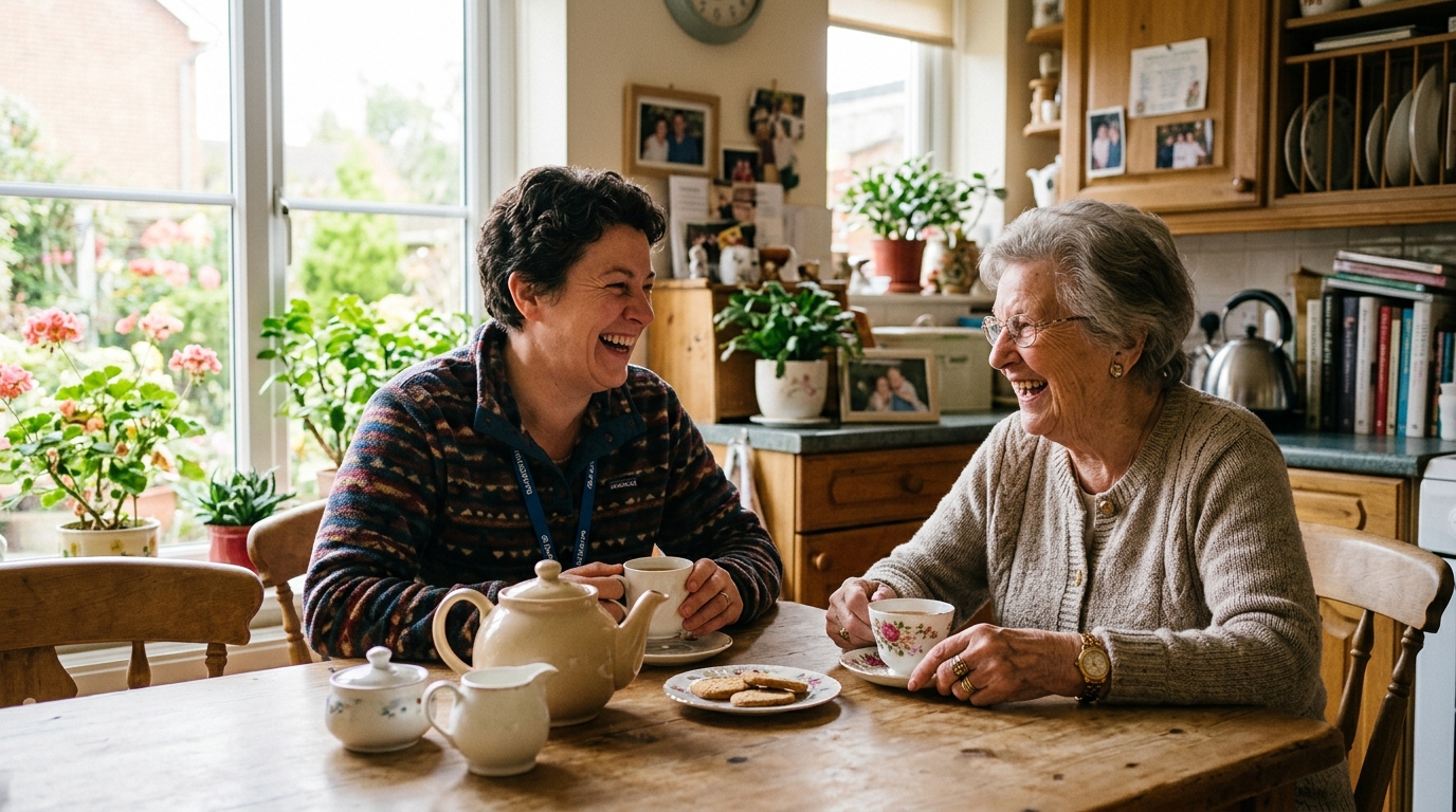 Support services caregiver sharing companionship and tea